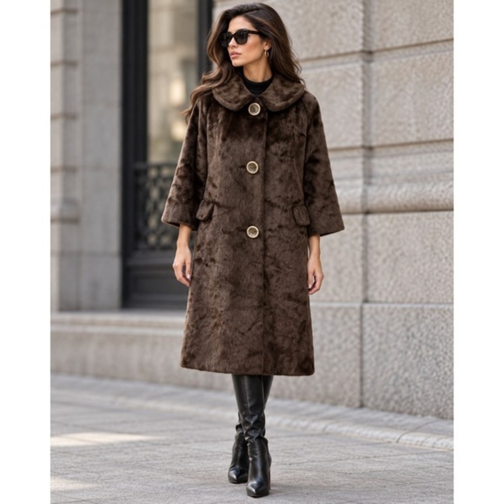 60s Vintage Sportowne Faux Fur Brown Long A Line Coat Size Medium